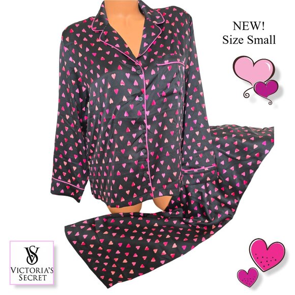 Victoria's Secret Satin Long Pajama Set Lounge Sleep Black Pink Hearts PJs Small - Picture 5 of 14